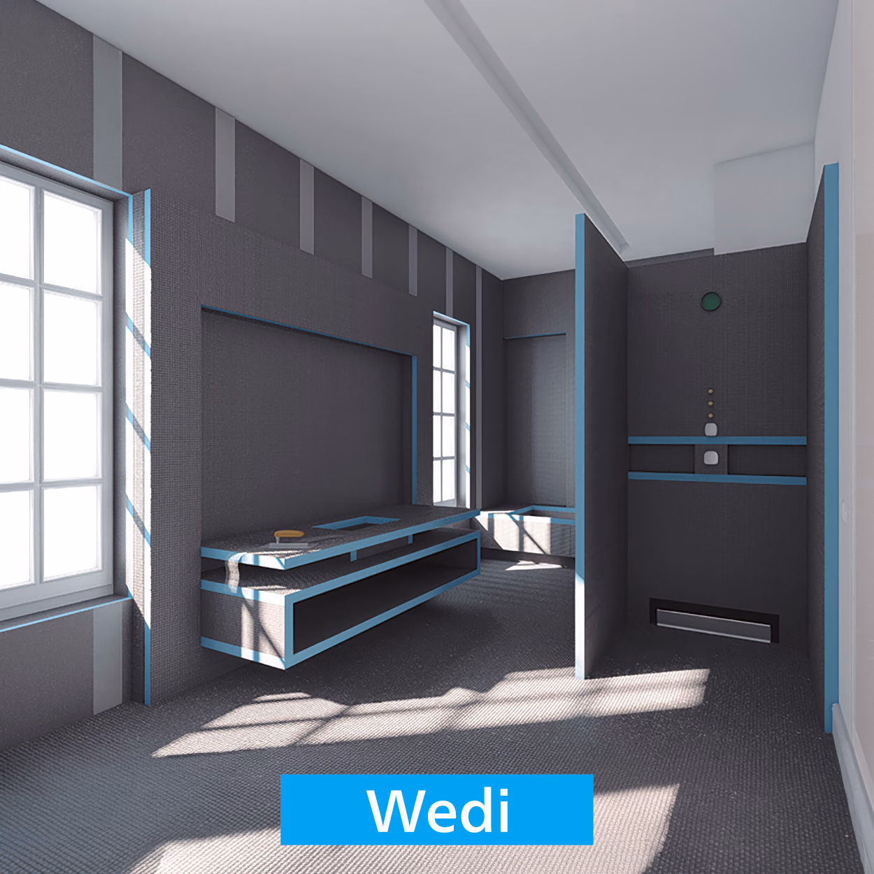 ウェディボードで仕切り壁・洗面カウンター・浴槽エプロンを造作した状態（Wedi）