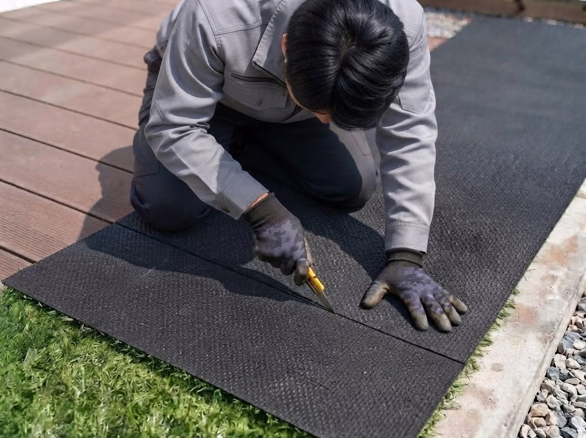 下地の防草シートをカッターで切り揃える施工作業。GREEN VIGOR を敷く前の下地づくり