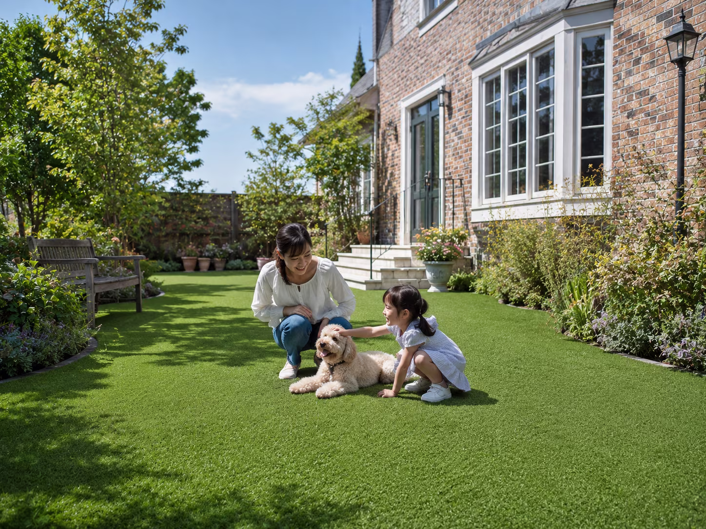 GREEN VIGOR を敷いた庭で犬とくつろぐ親子。手入れのいらない芝生の上で過ごす休日