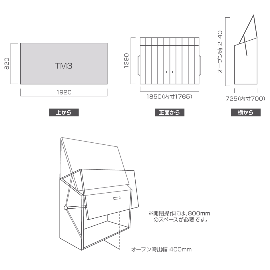 TM3 の寸法図（本体 W1850×D760×H1390mm／オープン時 H2130mm／開閉操作に約800mmのスペースが必要）