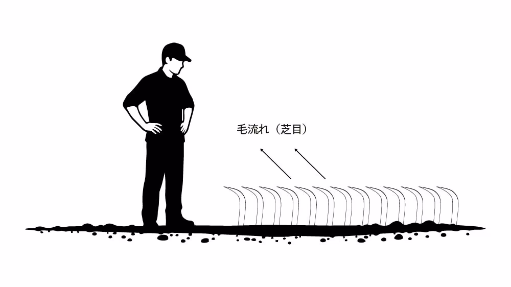 人工芝の毛流れ（芝目）の向きを、庭を眺めるメインの場所から確認している図