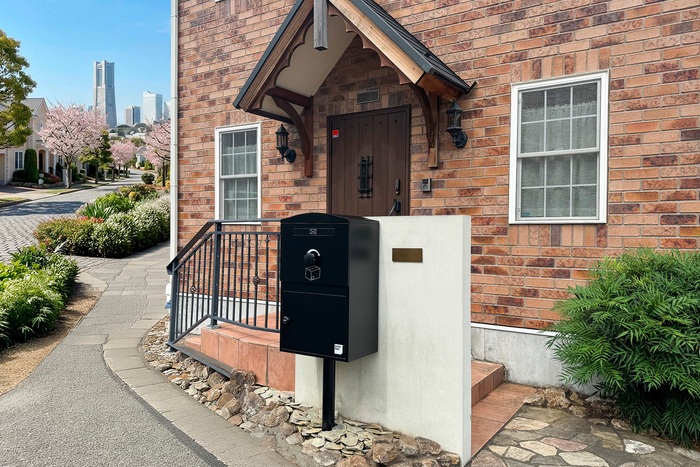レンガ外壁の住宅に設置したBrizebox ラージ ブラック