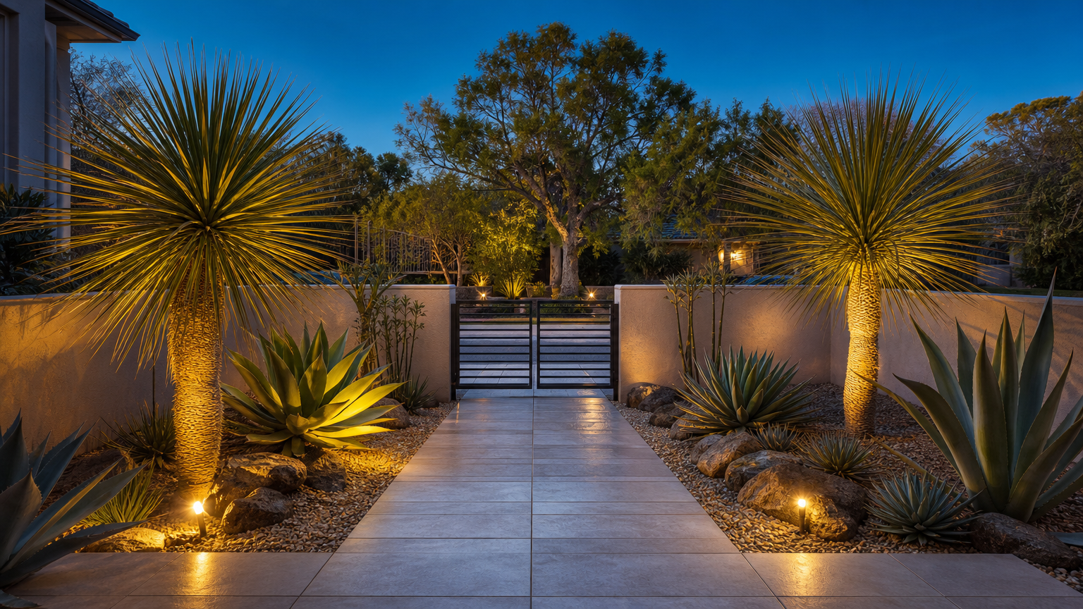 ドライガーデンの植物を使った前庭:シンボルツリーとアガベを配置したアプローチのイメージ