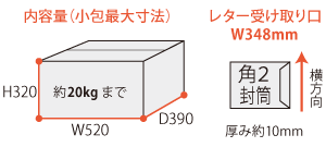 Ex-Largeサイズの内容量図解：内寸W520×D390×H320mm・約20kgまで、レター受け取り口W348mm（角2封筒・厚み約10mm対応）