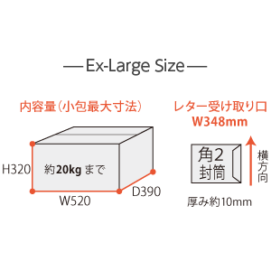 Ex-Largeサイズの内容量図解：内寸W520×D390×H320mm・約20kgまで、レター受け取り口W348mm（角2封筒・厚み約10mm対応）