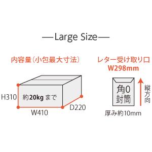 Largeサイズの内容量図解：内寸W410×D220×H310mm・約20kgまで、レター受け取り口W298mm（角0封筒・厚み約10mm対応）