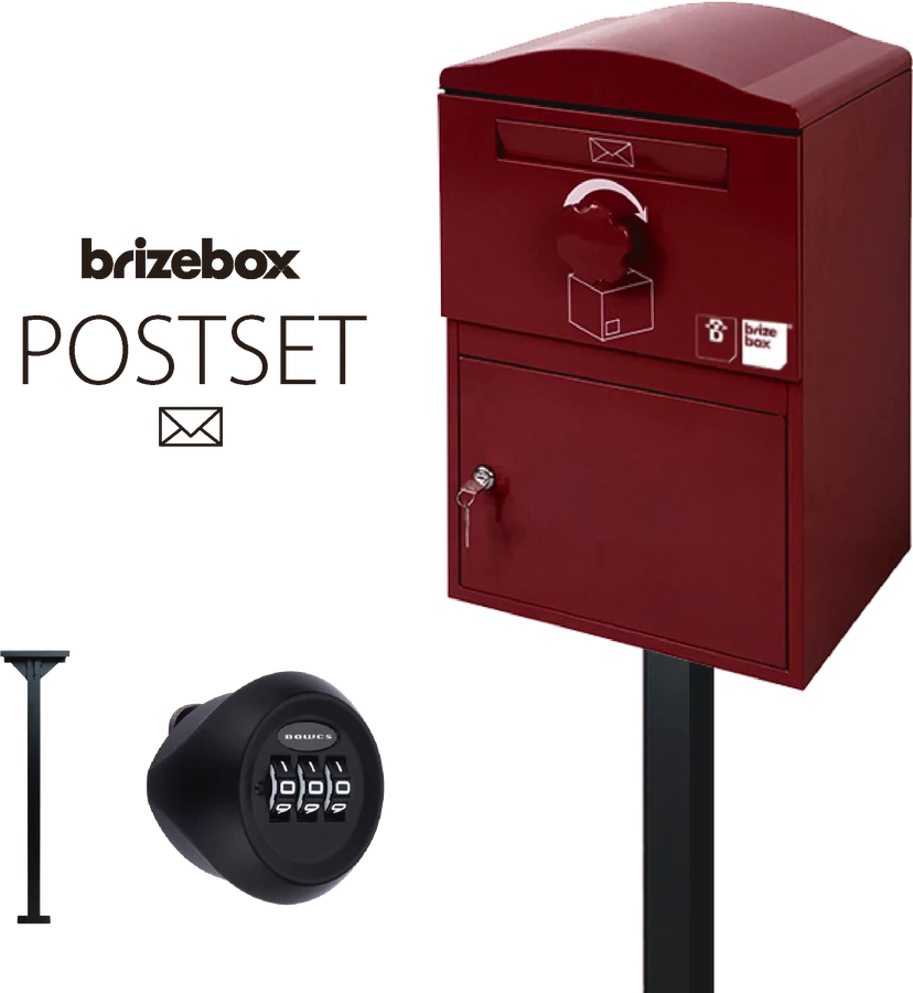 ポストセットプランの内容。ボルドーのBrizebox Standardと専用ポール、ダイヤル錠
