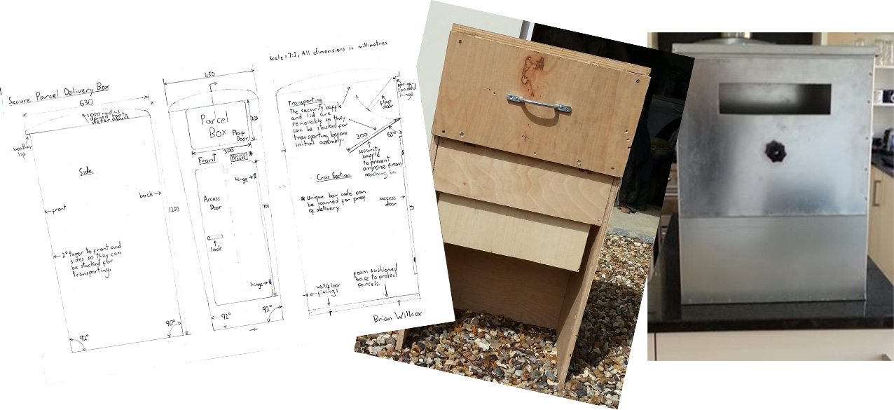 ブライアンが手描きした設計図と、木製・金属製の初期プロトタイプ（Brian's Box）