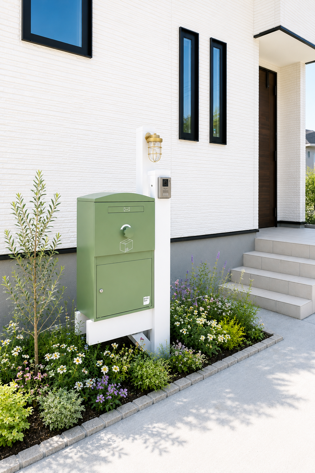 グリーンの宅配ボックスをシンプルタイプの白い機能門柱に据え付け、花壇と合わせた戸建ての設置例